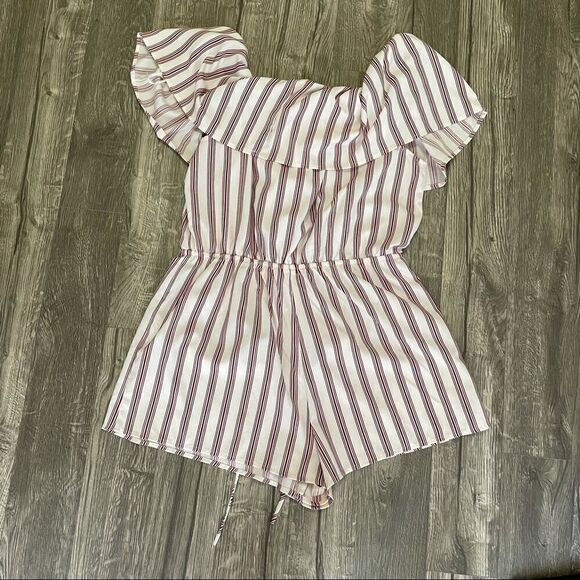 2/$20 F21 Forever 21 Off The Shoulder Striped Romper - Picture 2 of 7